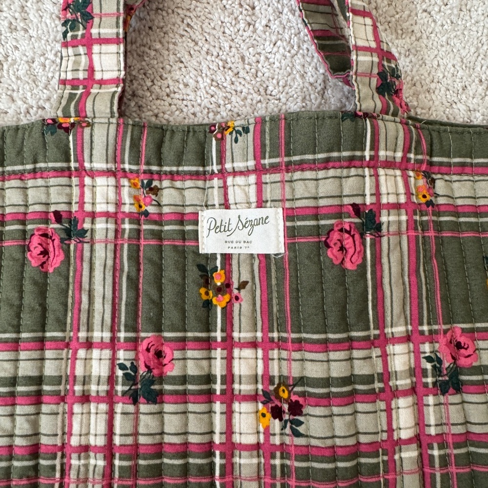 Sézane Quilted Floral Tote Bag Plaid Cotton Like New - Picture 2 of 3